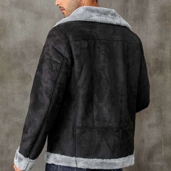 Black Casual Mens Teddy Lined Zip Up Faux Suede Coat - Picture 2 of 5